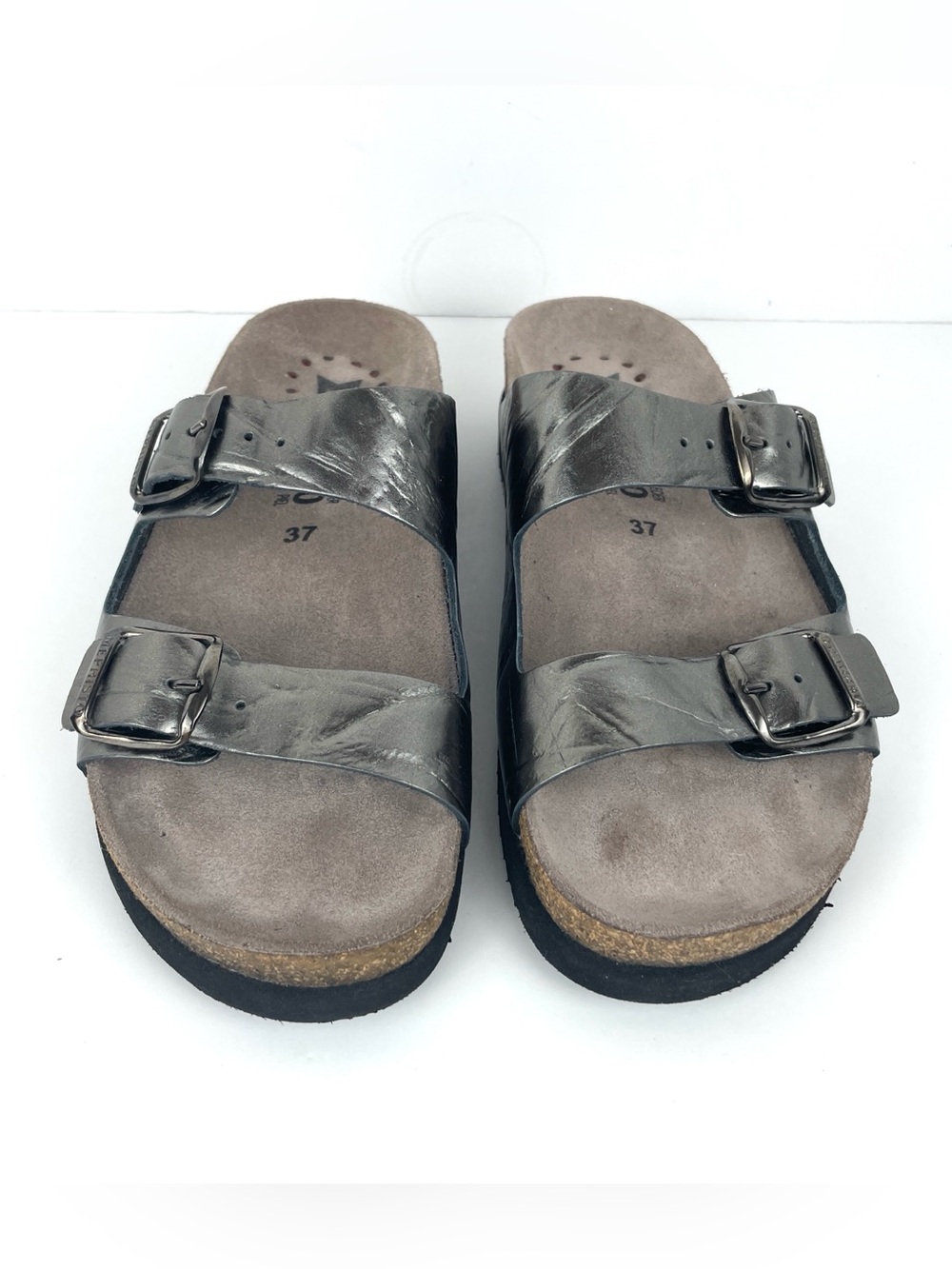 Mephisto Leather Two Strap Creased Silver Metallic Buckle Slip On Sandal 37